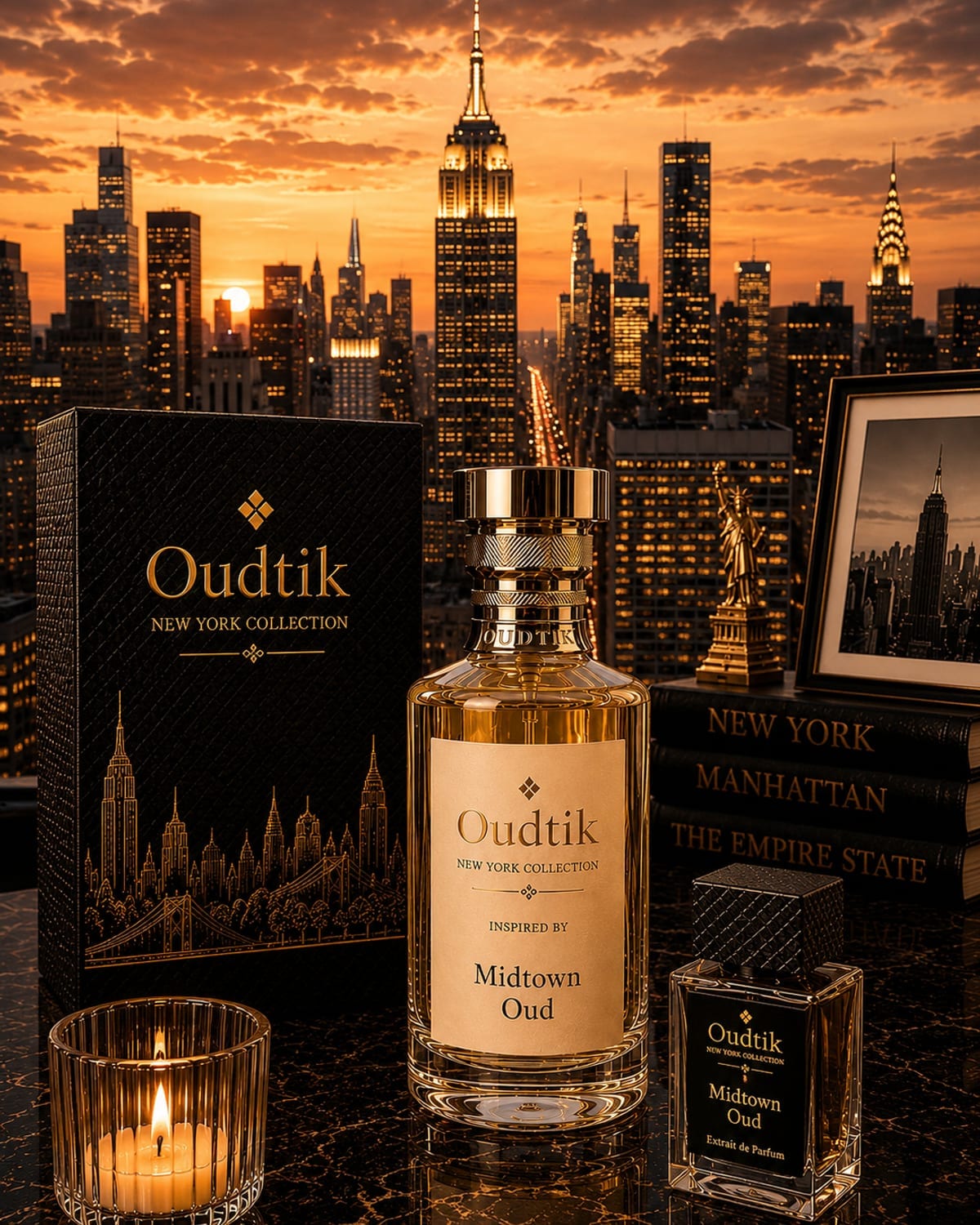 Oudtik Midtown Oud bottle at golden hour with the Manhattan skyline